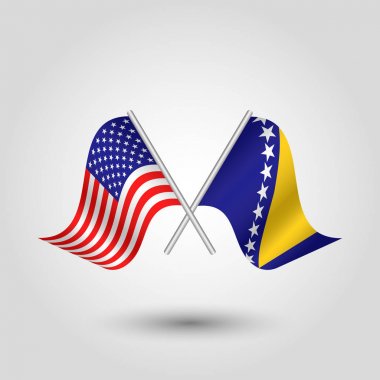 vektör iki gümüş çubuklar üzerinde Amerikan ve Bosna bayrakları geçti - Amerika Birleşik Devletleri ve Bosna ve Hersek sembolü