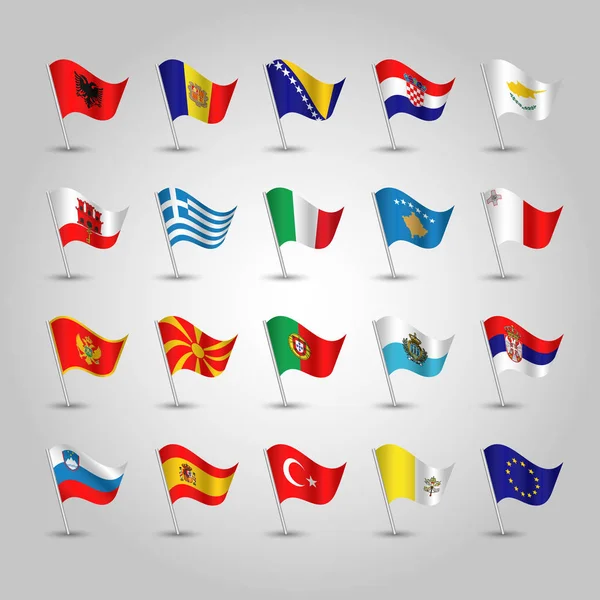 Vector set of waving flags southern europe on silver pole - icon of states albania, andorra, bosnia and herzegovina, croatia, cyprus, gibraltar, greece, italy, kosovo, malta, montenegro, north macedon — Stock Vector