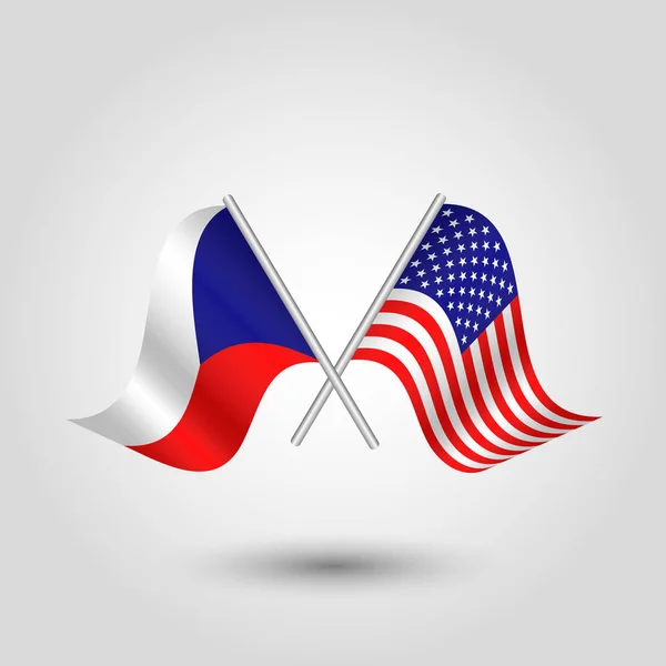 Вектор два скрещенных флага на серебряных палочках - символ объединенных государств Америки и Чешской республики — стоковый вектор