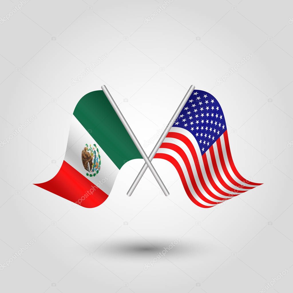 vector two crossed american and mexican flags on silver sticks - symbol of united states of america and mexico