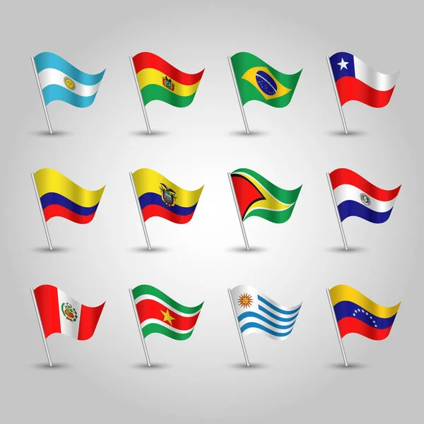 Vector conjunto de banderas ondeantes del sur de América en el polo de plata icono de los estados argentina, bolivia, brasileño, chile, colombia, ecuador, guyana, paraguay, perú, surinam, uruguay y venezuela — Archivo Imágenes Vectoriales