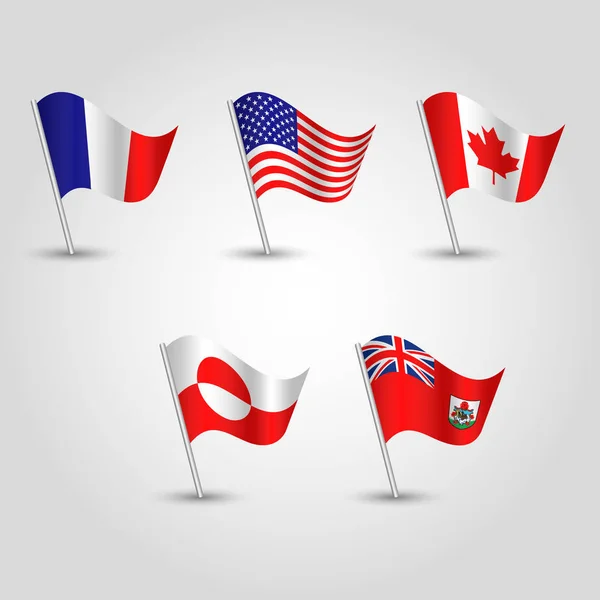 Set vettoriale di bandiere sventolanti nord America su palo d'argento - icona degli stati americani - bermuda, canada, Groenlandia, santo pierre e miquelon e usa — Vettoriale Stock