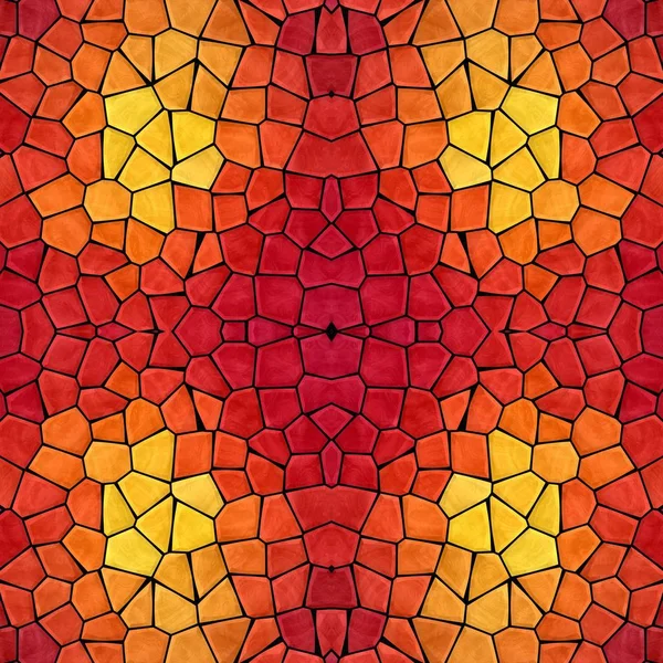 Mosaic kaleidoscope jewel seamless pattern texture background - fiery red orange yellow colored with black grout — Stock Photo, Image