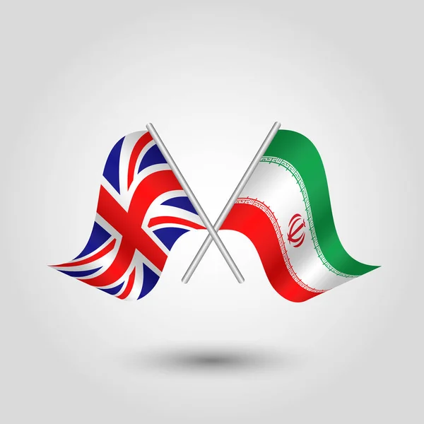Vektor dvě zkřížené britské a íránské vlajky na stříbrných tyčkách-symbol Spojeného království a Íránu — Stockový vektor