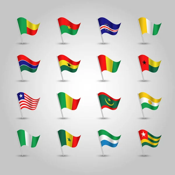 Insieme vettoriale di bandiere sventolanti stati dell'Africa occidentale sul palo d'argento - icona degli stati africani — Vettoriale Stock