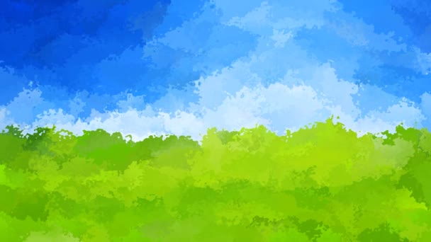 动画闪烁染色背景无缝环路视频 水彩斑斑效果 绿草和蓝天 水平夏季景观 — 图库视频影像