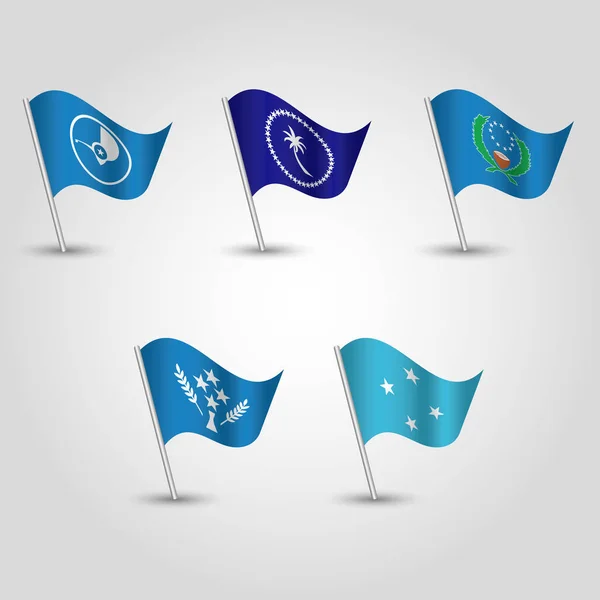 Vector set of waving flags micronesia on silver pole - icon of states yap, chuuk, pohnpei and kosrae — Stock Vector