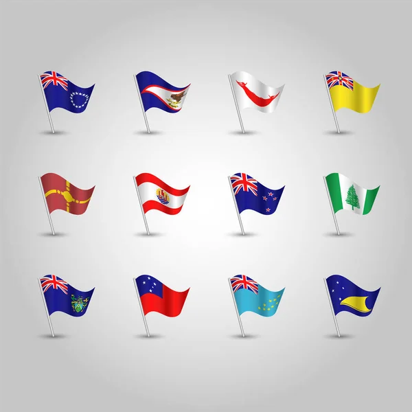 Vector conjunto de ondear banderas polinesias en el polo de plata icono de estados samoa americana, islas cocineras, isla de Pascua, polinesia francesa, Nueva Zelanda, niue, isla norfolk, islas pitcairn, samoa, tokelau — Vector de stock