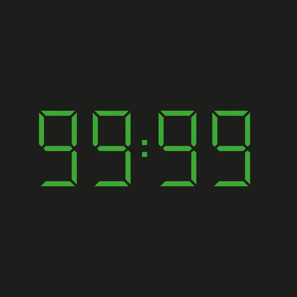 4つの緑色の数字とデータを持つ電子時計の黒い背景99 99を繰り返す — ストックベクタ