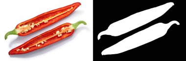 Olgun kırmızı, en iyi görünümü (Capsicum annuum) Sandia Şili biber yarım yumurtadan. Numex yeni Meksika pod türü