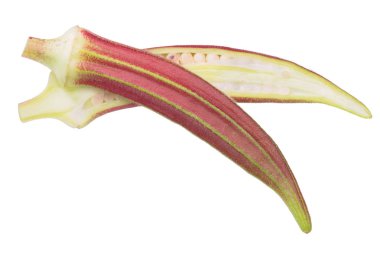 Kırmızı bamya, bamya, ochro veya Bayan parmak (Abelmoschus esculentus), bakla, bölünmüş görünüm ana sayfa