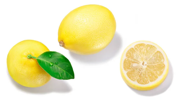 Lemon Jeruk Limon Buah Dengan Daun Tampilan Atas Tegak Irisan — Stok Foto