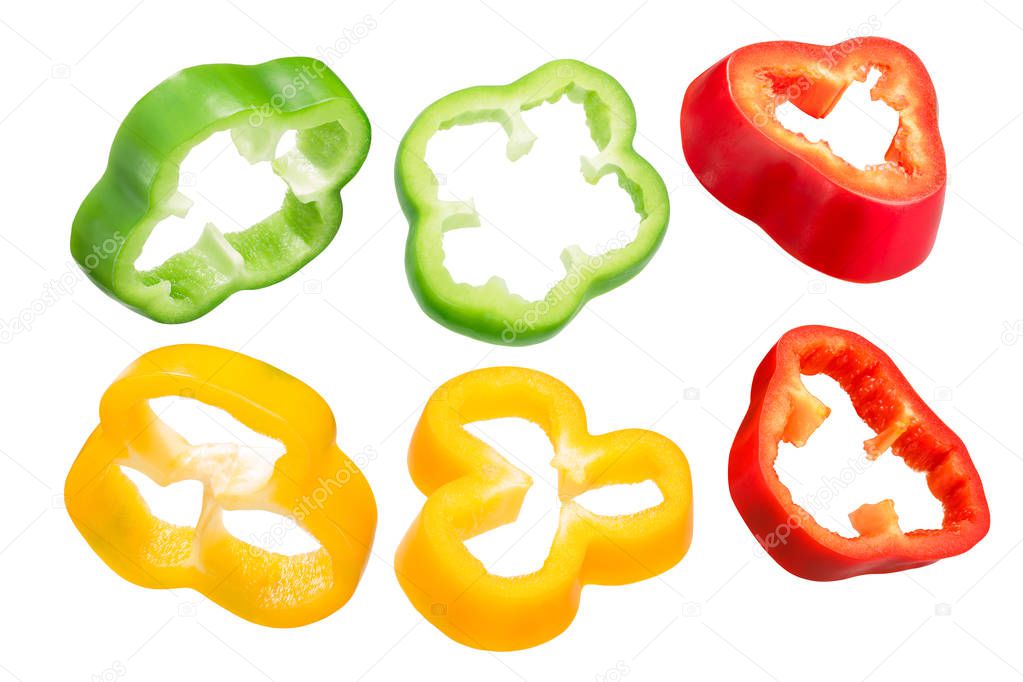 Red, Green, Yellow Bell Pepper Slices (Capsicum annuum)