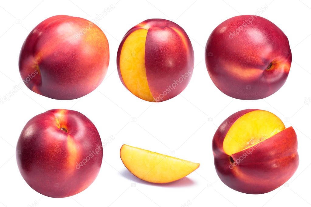 Nectarine, a smooth-skinned peach (Prunus persica var. nucipersica), whole and slice