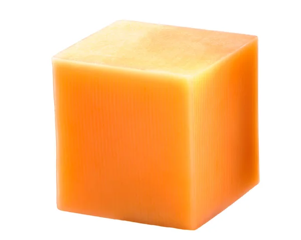 Cube Fromage Cheddar Isolé Sur Blanc Sans Ombre Avec Annato — Photo