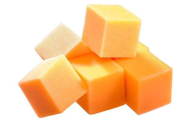 Pile Cubes Fromage Cheddar Isolés Sur Blanc Sans Ombre Avec — Photo