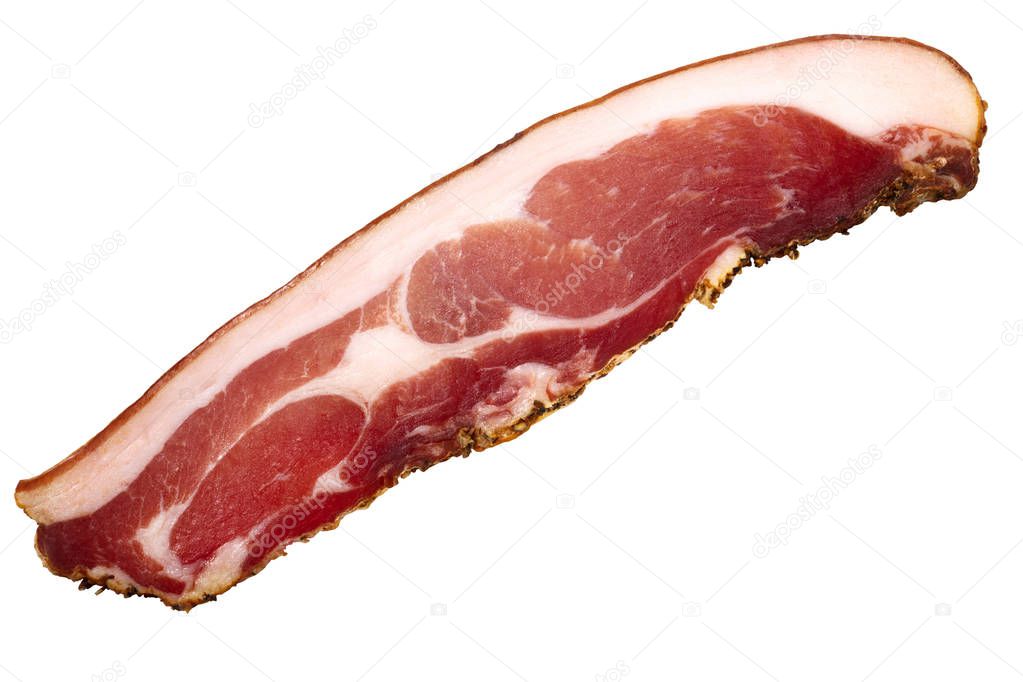 Slice of South Tyrolean Speck, a smoke-dried cured meat, top view
