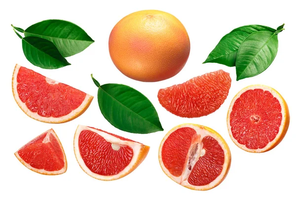 Pamplemousse Citrus Paradisi Entier Tranché Pelé Morceaux Feuilles — Photo