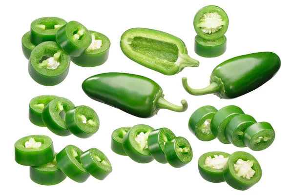 Jalapeno Chile Peppers Capsicum Annuum Fruit Utuh Diiris Dan Cincang — Stok Foto