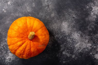 Koyu desenli arka plan üzerinde turuncu balkabağı (Cucurbita pepo meyvesi), üst görünüm