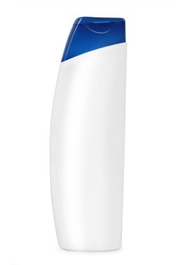 mavi kapaklı Beyaz arka plan üzerinde beyaz bir şişe yakın çekim