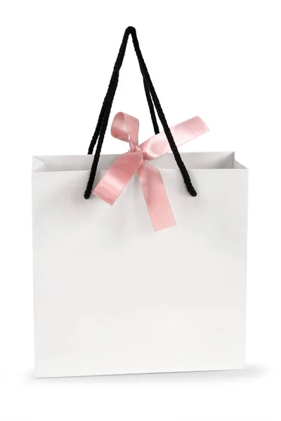 White Paper Bag Pink Ribbon White Background — Stock Photo, Image
