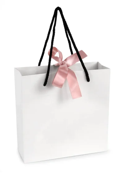 White Paper Bag Pink Ribbon White Background — Stock Photo, Image