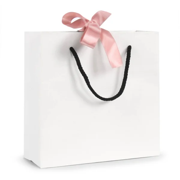 White Paper Bag Pink Ribbon White Background — Stock Photo, Image