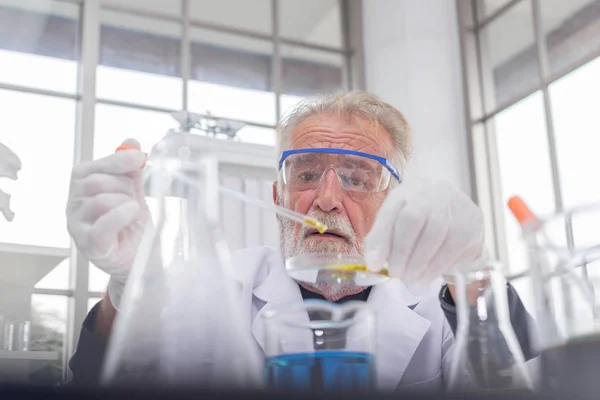 Wissenschaftler senior eine Probe chemische Glasplatte im Labor — Stockfoto