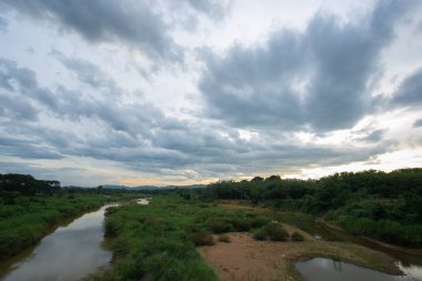 Çimenli alan ile Manzara, nehir akşam küçük.