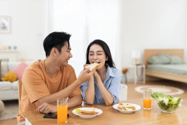 Asyalı bir adam kahvaltıda kız arkadaşına sandviç yediriyor. Aşk, ilgi ve mutluluk dolu romantik bir an. Konforlu mekanda ilişki bağı ve dijital çift yaşam tarzı kavramı.