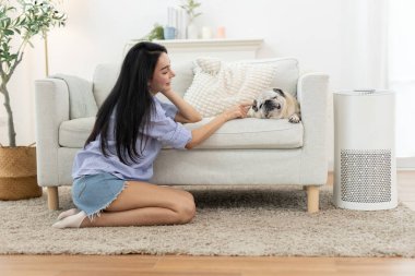 Asyalı kadınlar köpeğine hafifçe dokunuyor. Sıcak evdeki kanepede dinleniyor. Yanında da hava temizleyicisi var. Aşk kavramı, evcil hayvan bağı, temiz ev havası, ve modern yaşam alanında huzurlu yaşam tarzı..