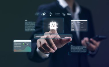 Yapay zeka teknolojisi arayüzü kullanan işadamı yapay zeka ikonları, veri analizleri ve makine öğrenimi, otomasyon ve gelecekteki teknoloji çözümleri için dijital yenilik kavramı kullanıyor..