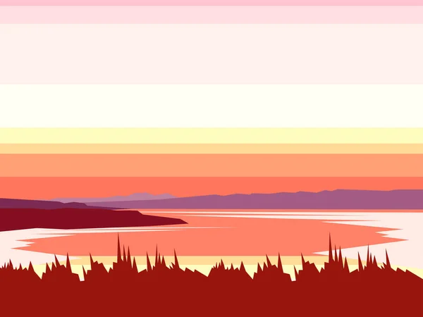 Landscape mountain lake abstract vector. Mountaineering and traveling illustration. Sunset with water, mountains, forest. Landscape vector background. Sports, Vacation, Outdoor Recreation Concept.