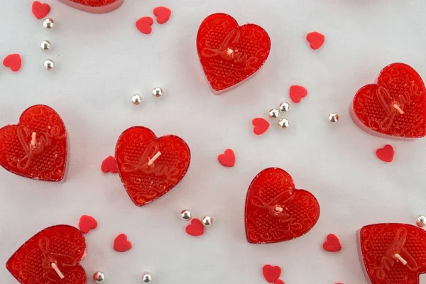 Concepto San Valentín Pequeñas Velas Rojas Forma Corazón Diminuto Corazón — Foto de Stock