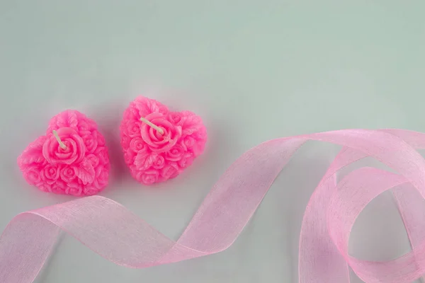 Día Internacional Mujer Marzo Dos Velas Rosas Decorativas Cintas Rosas — Foto de Stock