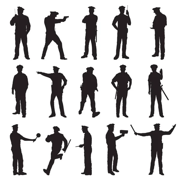 New York Police Set Fifteen Black Vector Silhouette Illustration — Stock Vector