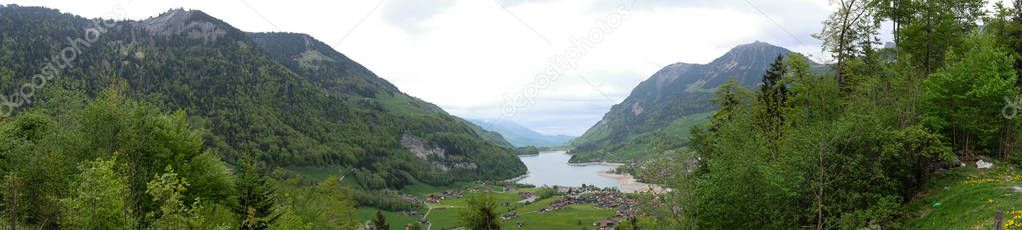 A beautiful lake in the mountains of Switzerland