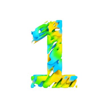 Alfabe numarası 1. Mavi, yeşil ve sarı splash boya sıvı yazı tipi. Beyaz arka plan üzerinde izole 3d render.