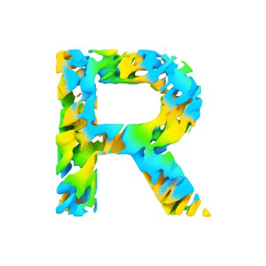 Alfabe harf R büyük. Mavi, yeşil ve sarı splash boya sıvı yazı tipi. Beyaz arka plan üzerinde izole 3d render.