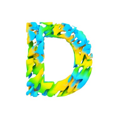 Alfabe harf D büyük harf. Mavi, yeşil ve sarı splash boya sıvı yazı tipi. Beyaz arka plan üzerinde izole 3d render.