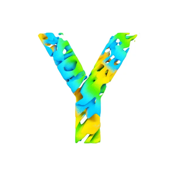 Алфавитная буква Y. Жидкий шрифт из синей, зеленой и желтой брызг краски. 3D рендеринг на белом фоне . — стоковое фото