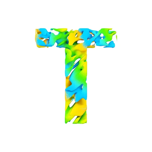 Ábécé levél T nagybetűs. Folyékony betűtípus készült kék, zöld és sárga splash festeni. 3D render elszigetelt fehér background. — Stock Fotó