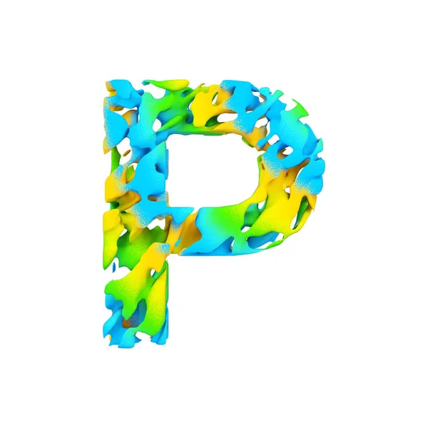 Алфавитная буква P прописная. Жидкий шрифт из синей, зеленой и желтой брызг краски. 3D рендеринг на белом фоне . — стоковое фото