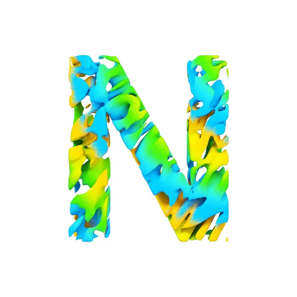 Lettre alphabet N majuscule. Fonte liquide faite de peinture éclaboussante bleue, verte et jaune. rendu 3D isolé sur fond blanc . — Photo