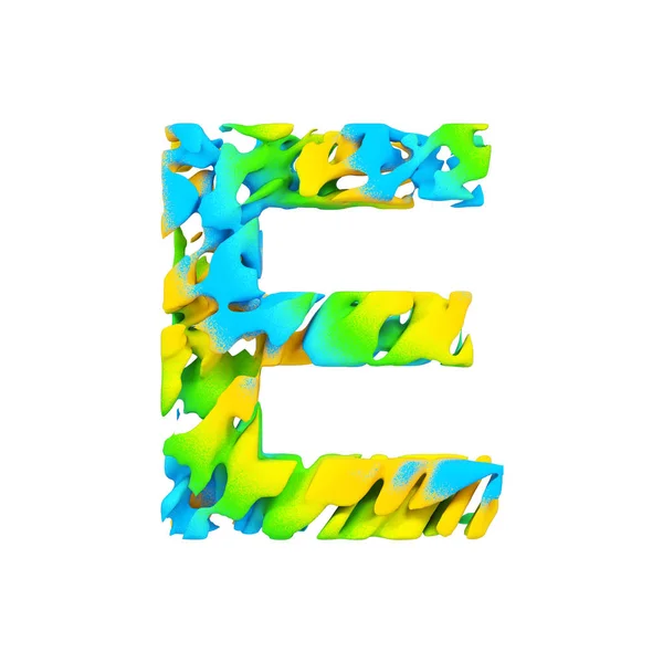 Алфавитная буква Е прописная. Жидкий шрифт из синей, зеленой и желтой брызг краски. 3D рендеринг на белом фоне . — стоковое фото