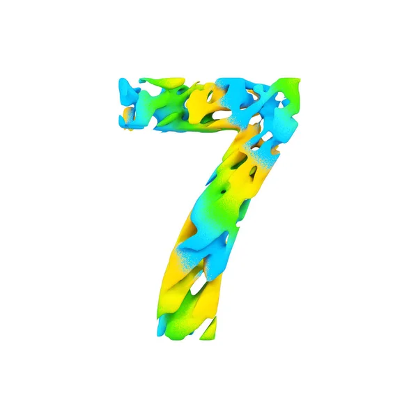 Алфавит номер 7. Жидкий шрифт из синей, зеленой и желтой брызг краски. 3D рендеринг на белом фоне . — стоковое фото