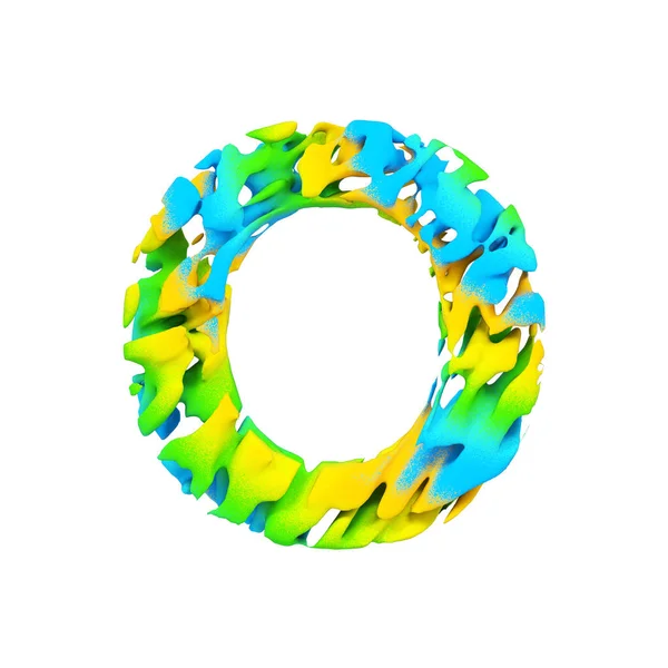 Літера алфавіту O верхній регістр. Рідкий шрифт з синьої, зеленої та жовтої фарби для бризок. 3D візуалізація ізольована на білому тлі . — стокове фото