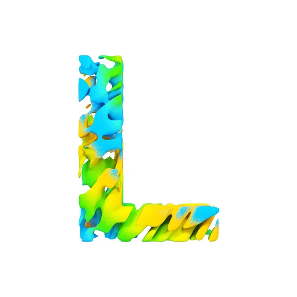 Літера алфавіту L верхній регістр. Рідкий шрифт з синьої, зеленої та жовтої фарби для бризок. 3D візуалізація ізольована на білому тлі . — стокове фото