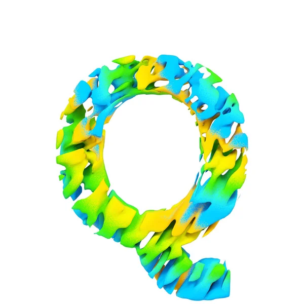 Алфавітна літера Q верхній регістр. Рідкий шрифт з синьої, зеленої та жовтої фарби для бризок. 3D візуалізація ізольована на білому тлі . — стокове фото